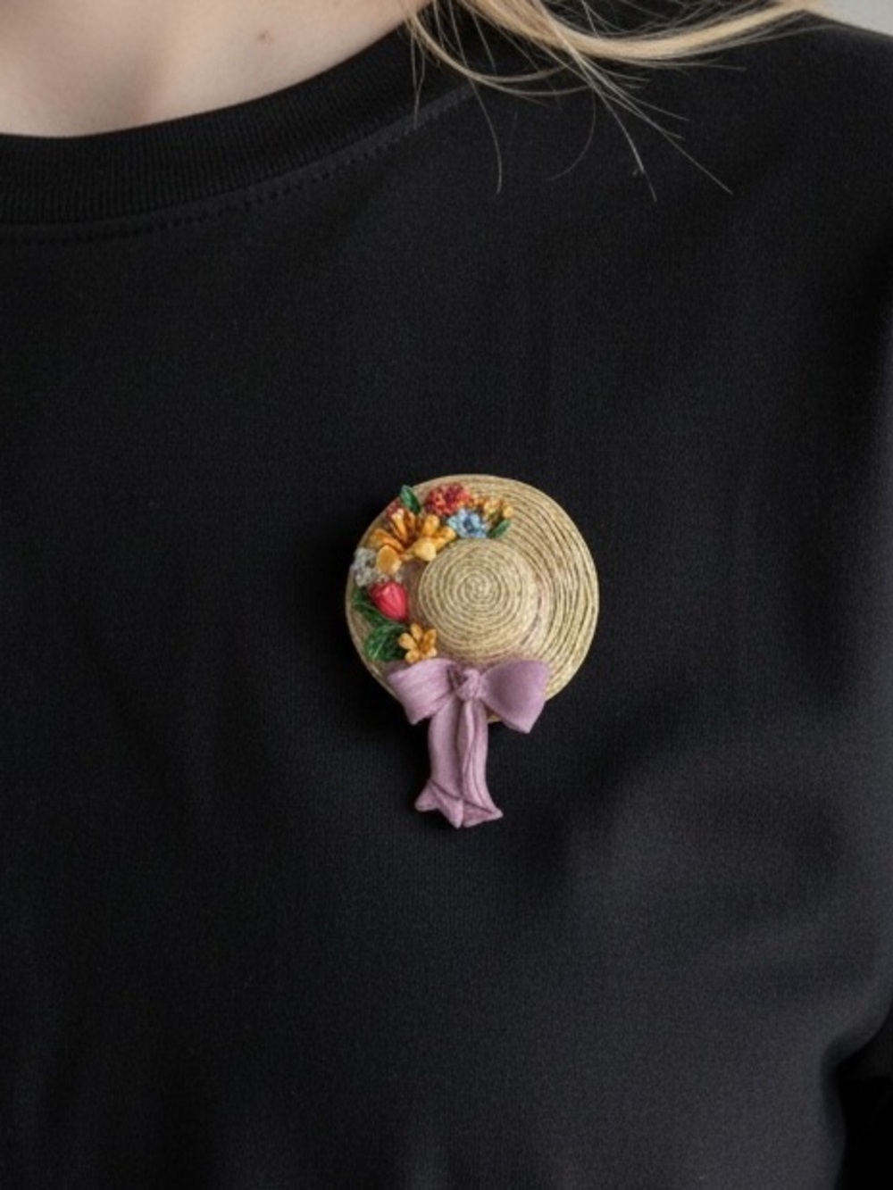 10/3 Straw Hat Floral Brooch with Lavender Bow - Women's Jewelry